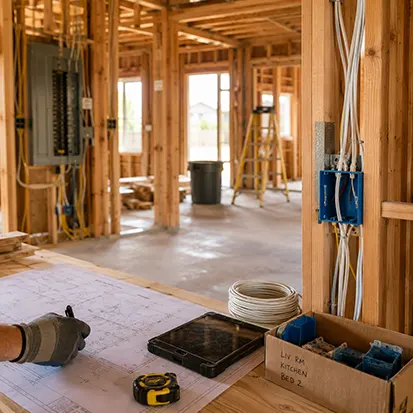 Residential construction plans and electrical rough-in materials on a workbench inside a new home under construction