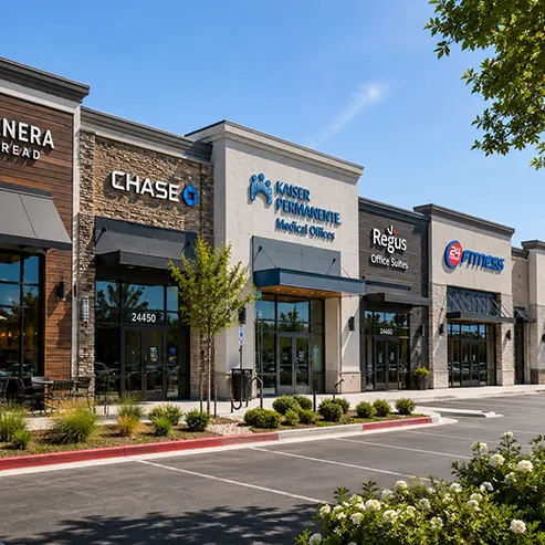 Modern commercial shopping center with retail stores, medical offices, professional offices, restaurants, and business storefronts