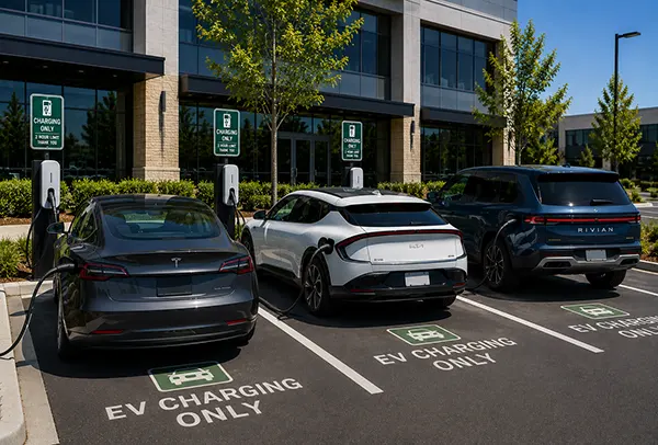 Commercial EV charging stations installed in an office parking lot with multiple electric vehicles actively charging