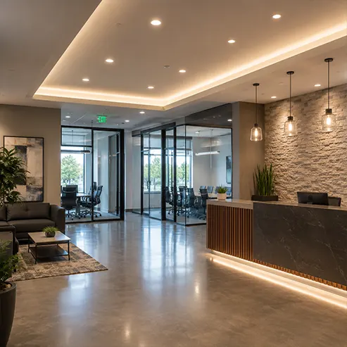 Modern commercial office lobby with professional architectural lighting, reception desk, and conference rooms