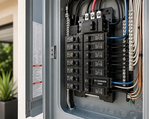 Dedicated 240 volt breaker and circuit installed in an electrical panel for EV charger installation