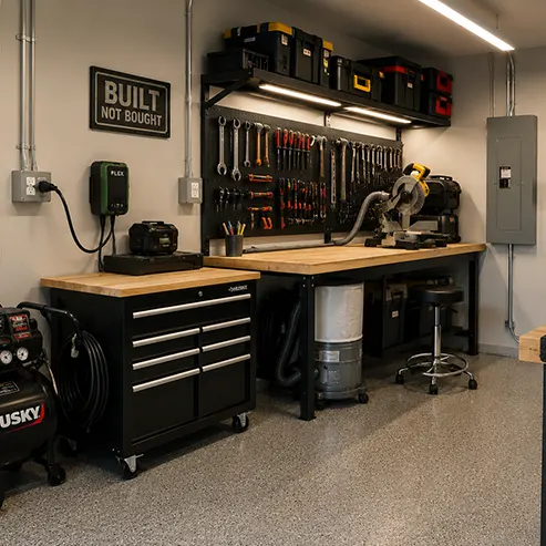 Modern residential workshop with professionally installed dedicated electrical circuits, 240-volt outlets, and electrical panel