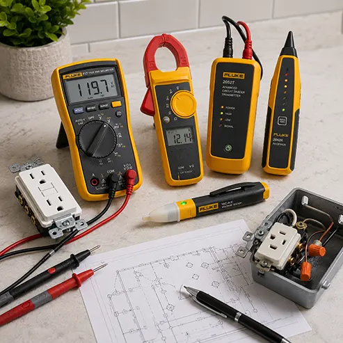 Professional electrical diagnostic tools including multimeters, circuit tracers, voltage testers, and outlet testing equipment