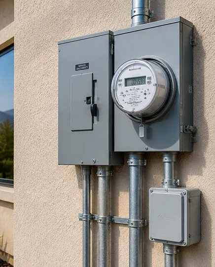 Residential electrical service upgrade with new utility meter, service disconnect, conduit, and grounding system installed by Rhodes Electric