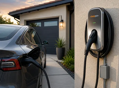 Level 2 EV charger installed at a residential home charging an electric vehicle