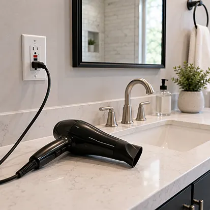 Modern bathroom GFCI outlet with a hair dryer plugged in beside a bathroom sink