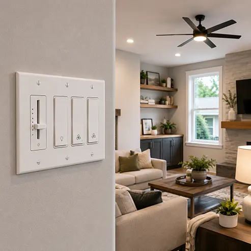 Modern living room featuring a multi-gang light switch panel with dimmer, fan controls, and ceiling fan