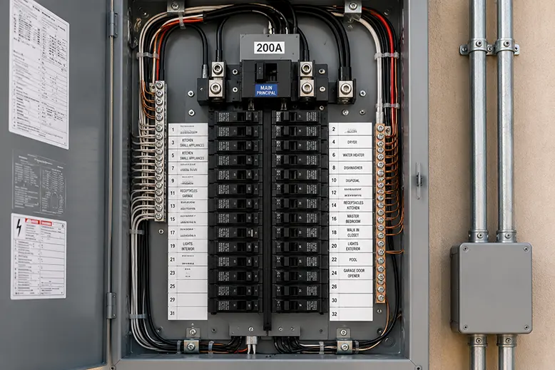 New 200 amp electrical panel upgrade with organized breakers and labeled circuits installed by Rhodes Electric