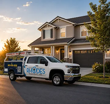 Rhodes Electric, Inc. service truck parked at a modern California home before a residential electrical service appointment.