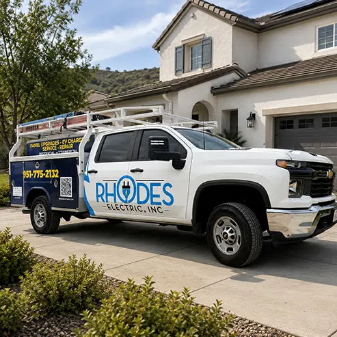 Rhodes Electric service truck parked at a residential home in Murrieta, California
