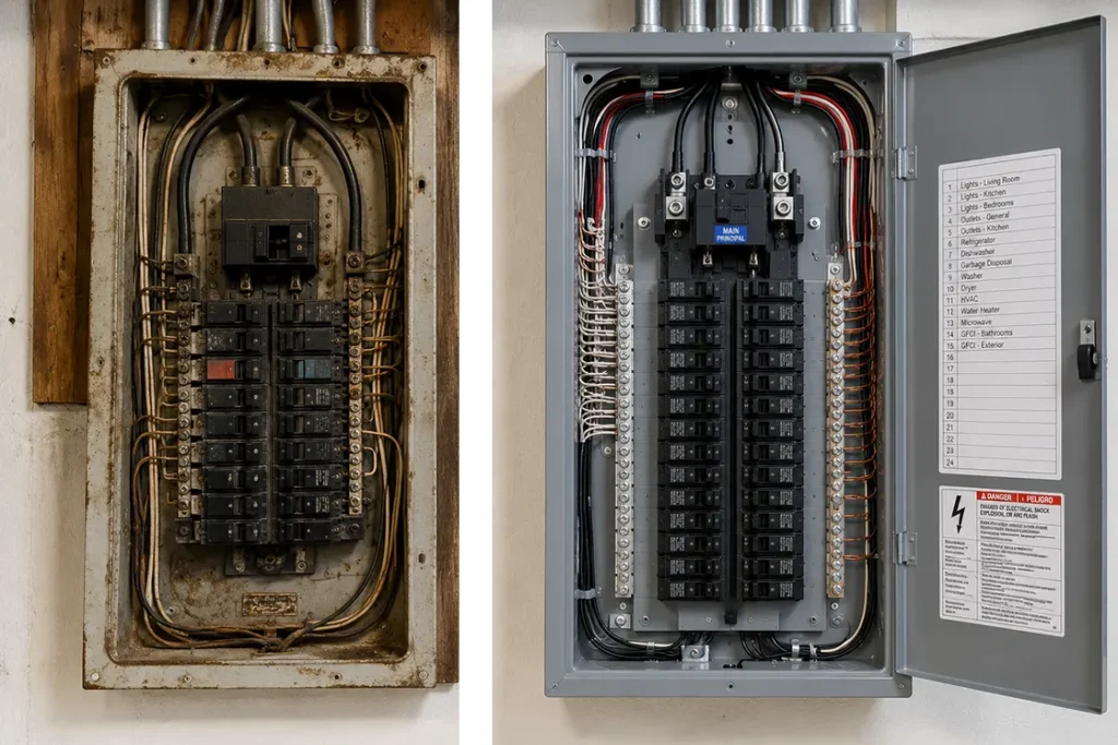Comparison of outdated electrical panel and modern 200 amp electrical panel upgrade installed by Rhodes Electric