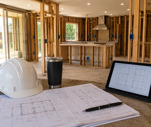 Residential remodeling project with electrical plans, construction drawings, and electrical rough-in work in progress