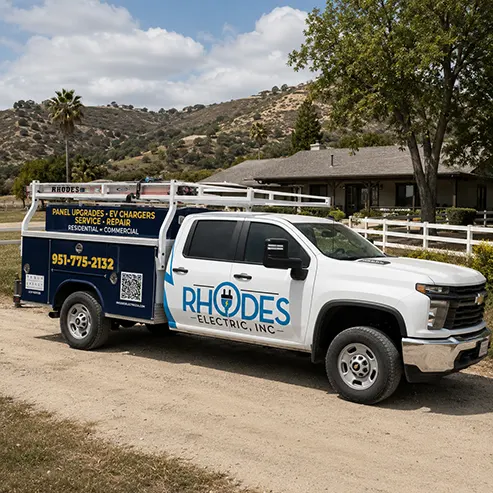 Rhodes Electric, Inc. service truck parked at a Bonsall rural home.