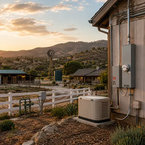 Exterior electrical panel, meter, generator, and irrigation equipment at a Bonsall rural property.