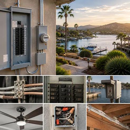 Electrical panel and weatherproof GFCI outlet at a Canyon Lake waterfront home.