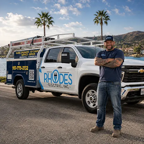 Rhodes Electric, Inc. service truck and electrician at a Canyon Lake waterfront neighborhood.
