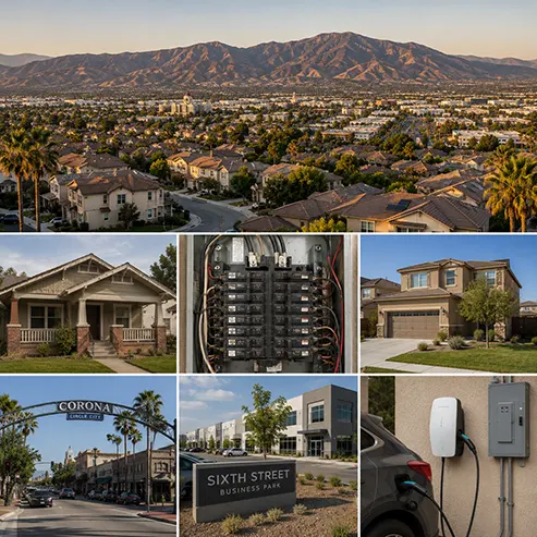 Corona homes, older electrical panel, commercial buildings, and EV charger representing the city’s diverse electrical needs.