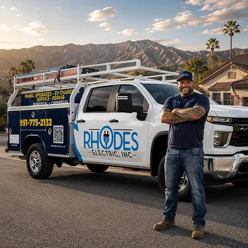 Rhodes Electric, Inc. electrician standing beside a branded service truck in a Corona neighborhood.