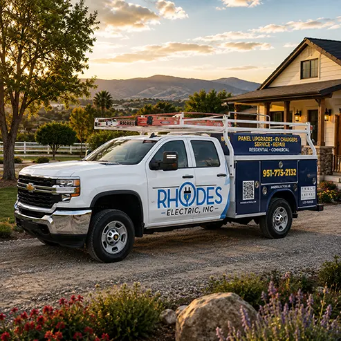 Rhodes Electric, Inc. service truck parked at a Fallbrook ranch-style home.