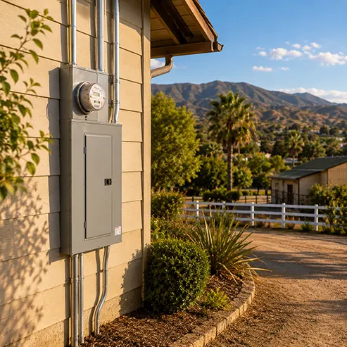 Exterior electrical meter and main service panel on the side of a Fallbrook rural home.