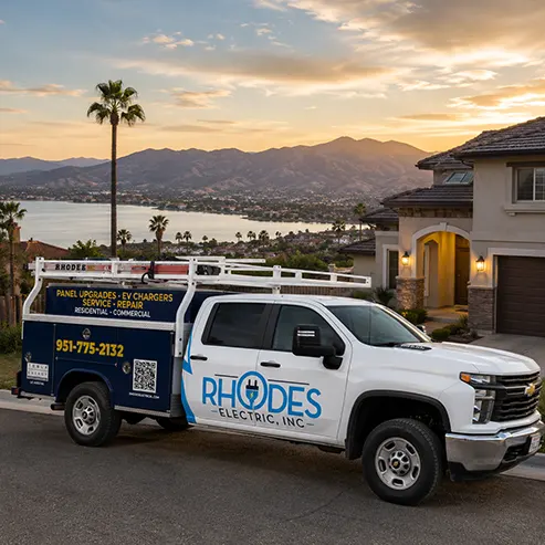 Rhodes Electric, Inc. service truck parked outside a Lake Elsinore hillside home overlooking the lake.
