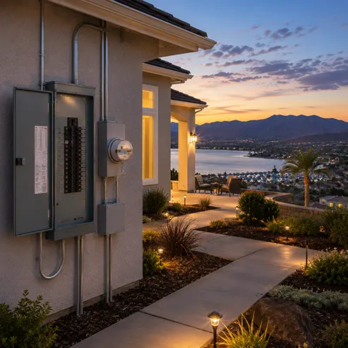 Exterior electrical panel on a Lake Elsinore hillside home overlooking the lake at sunset.