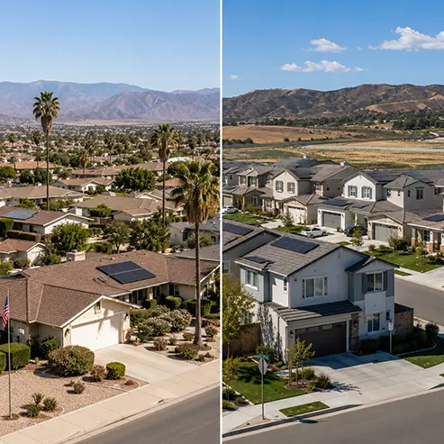 Established Sun City home and newer Menifee neighborhood homes showing the city’s mix of housing ages.