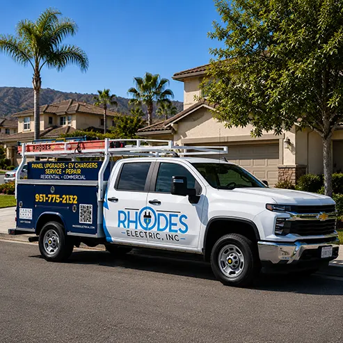 Rhodes Electric service truck parked curbside in a Murrieta residential neighborhood.