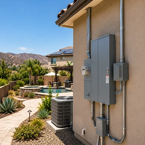 Exterior electrical panel beside a Murrieta home with pool, HVAC equipment, and solar panels nearby.