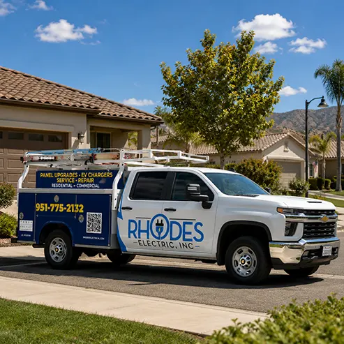 Rhodes Electric service truck parked curbside in a Menifee residential neighborhood.