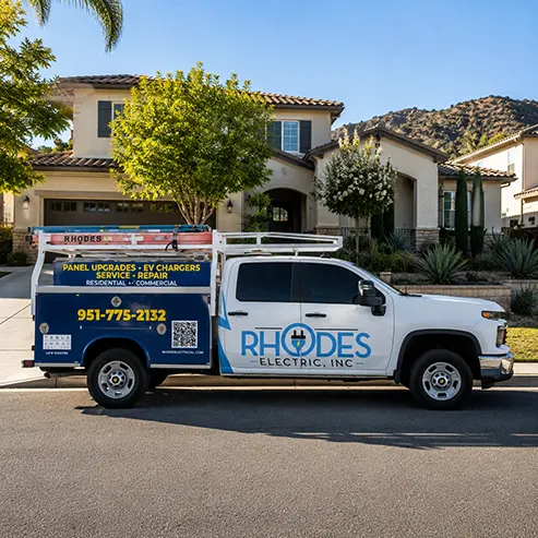 Rhodes Electric service truck parked along a residential curb in Temecula, California.