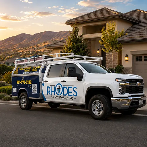 Rhodes Electric, Inc. service truck parked curbside outside a Wildomar home at sunset.