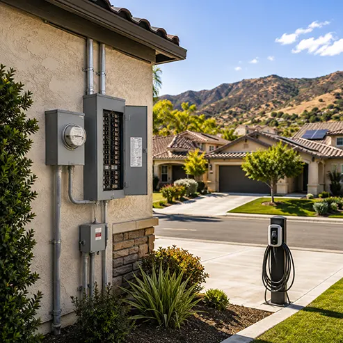 Electrical panel and EV charger installed beside a Temecula home.