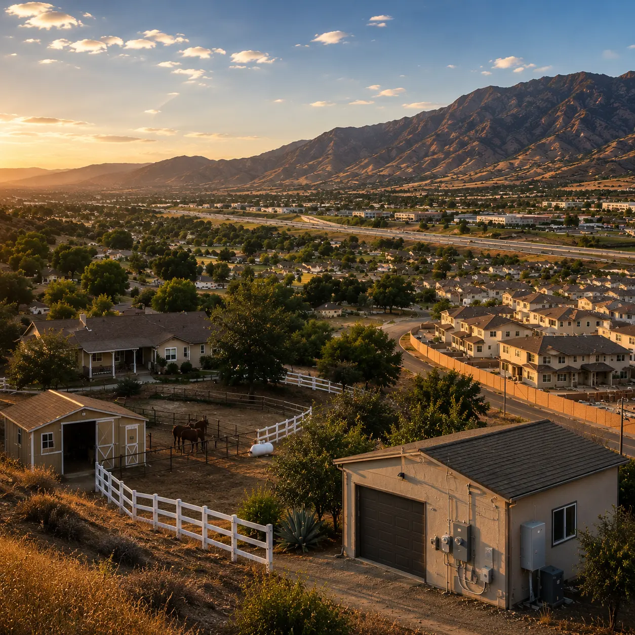 Rural horse property, detached garage, and newer Wildomar homes overlooking the valley at sunset.