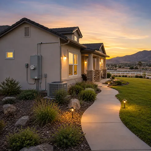 Side view of a Winchester home with exterior electrical service equipment and landscaped rural surroundings at sunset.